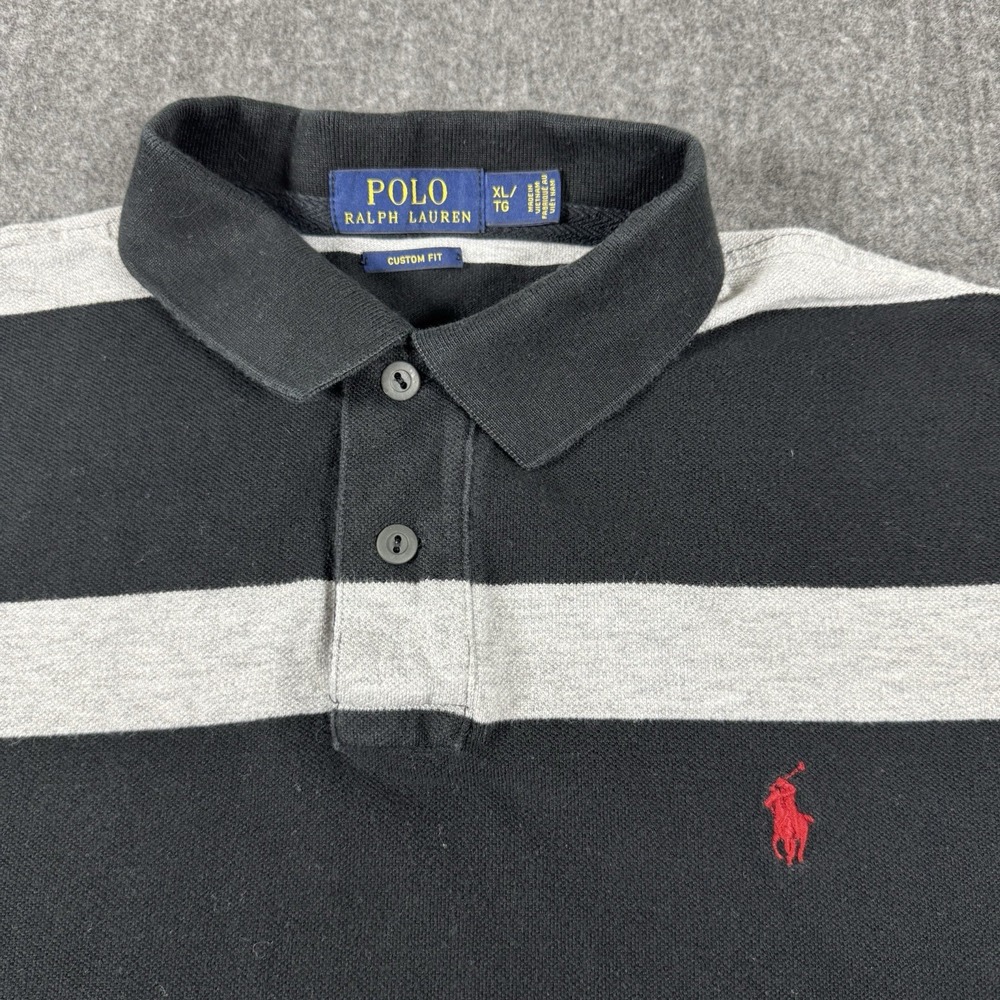Polo Ralph Lauren Men XL Custom Fit Black Gray Stripe Polo Shirt Red Pony
